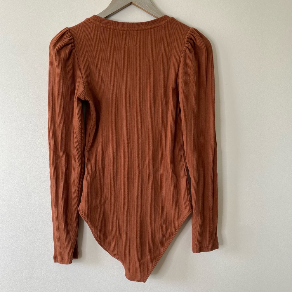 GAP Saddle Brown Ribbed Puff Sleeve Stretch Cotton Bodysuit - Picture 8 of 9